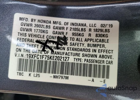 2019 Honda Civic Exl z USA, uszkodzony, nr VIN 19XFC1F75KE202127
